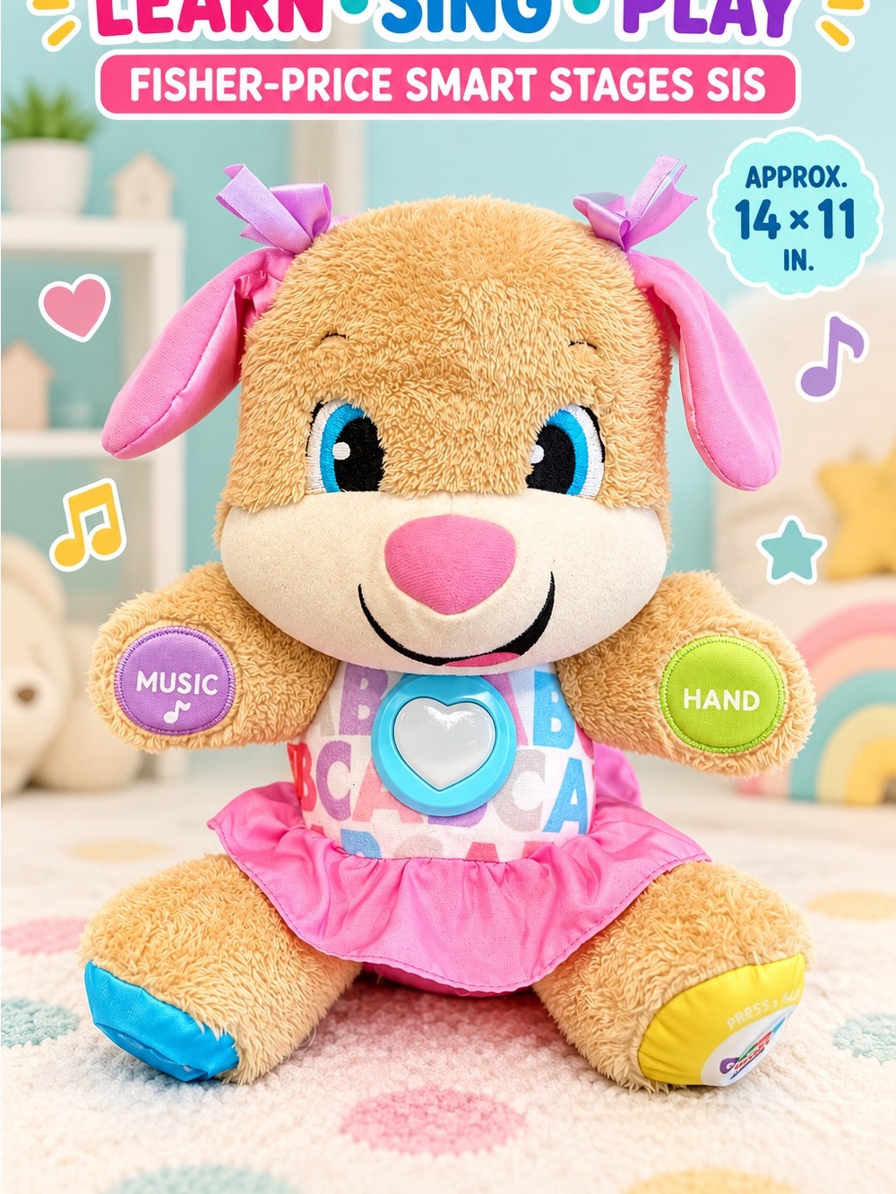 Fisher-Price Laugh & Learn Smart Stages Sis Pink Musical Plush Puppy 14”-Tested